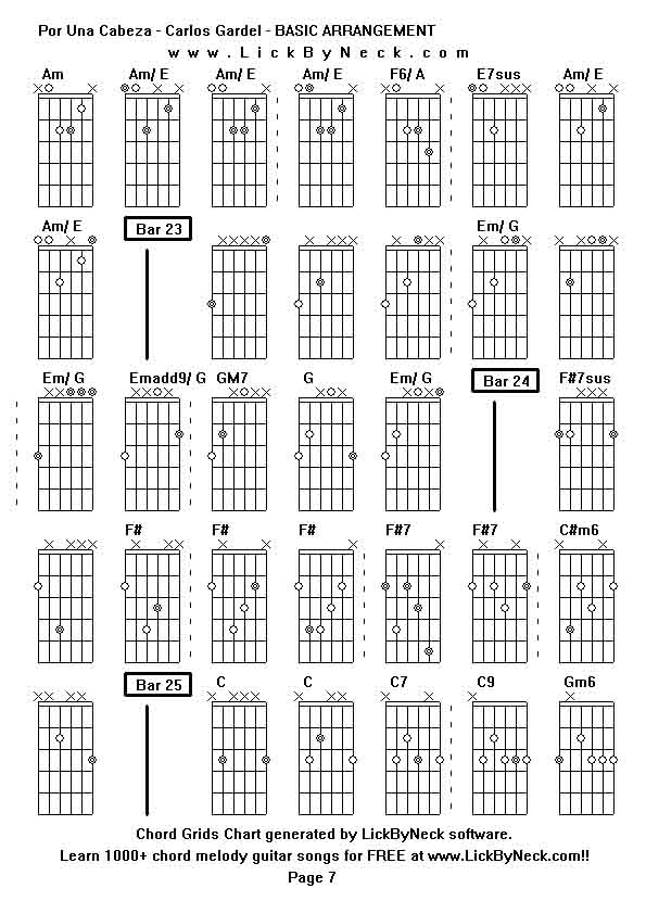 Chord Grids Chart of chord melody fingerstyle guitar song-Por Una Cabeza - Carlos Gardel - BASIC ARRANGEMENT,generated by LickByNeck software.